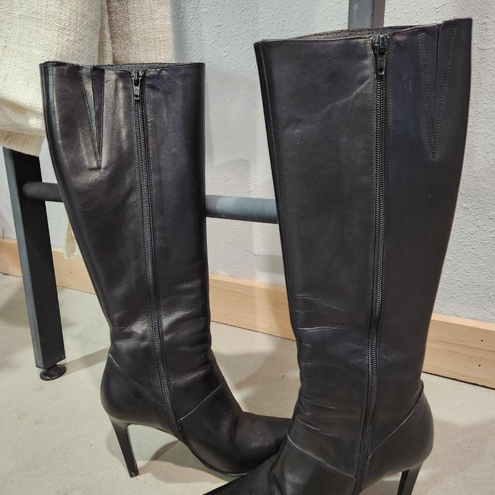 GUESS By Marciano | Black Leather Tall Houston Boots Heel 7W - Picture 6 of 12